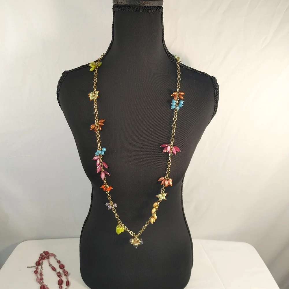 Boho Beaded Necklace Bundle Long Statement Pink Glass + Multicolor Charm